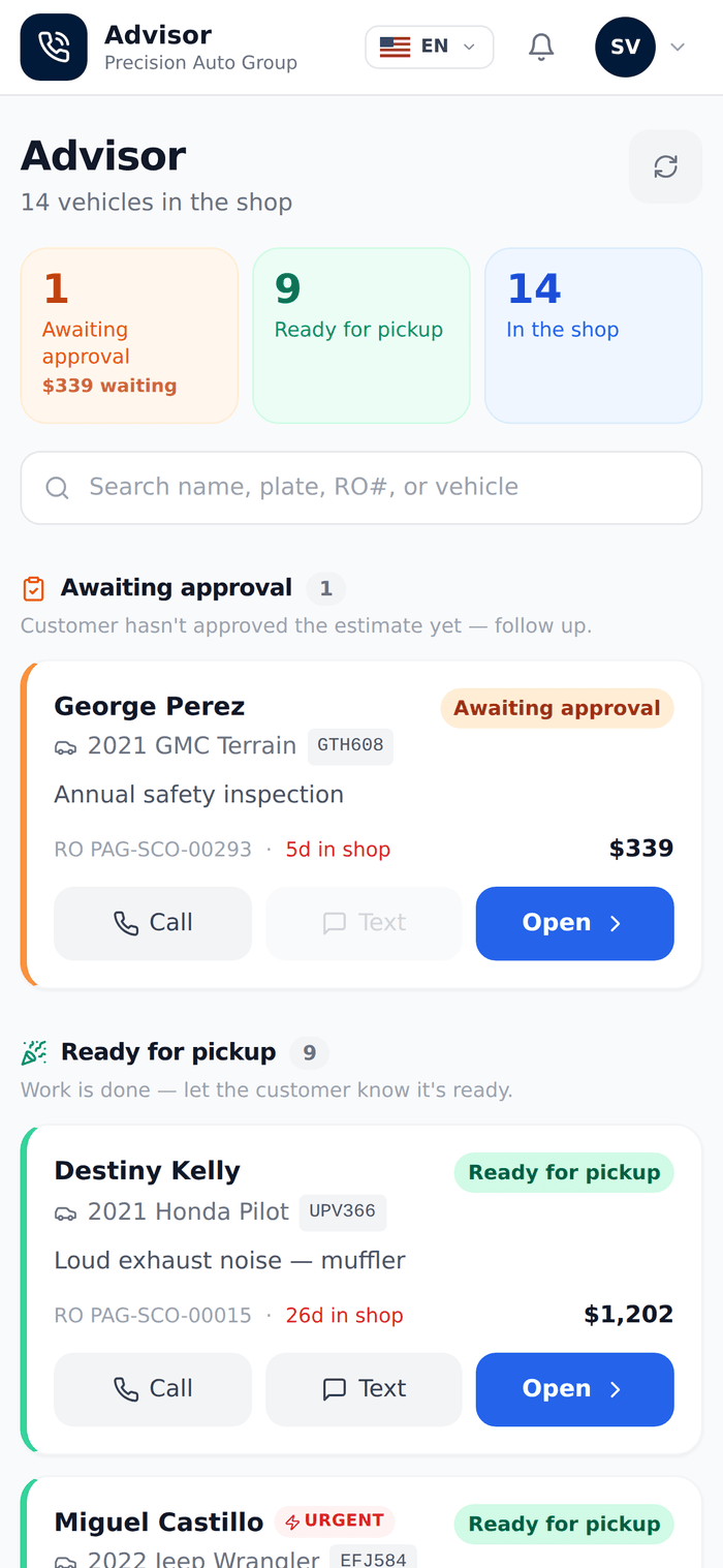 Service-advisor mobile view