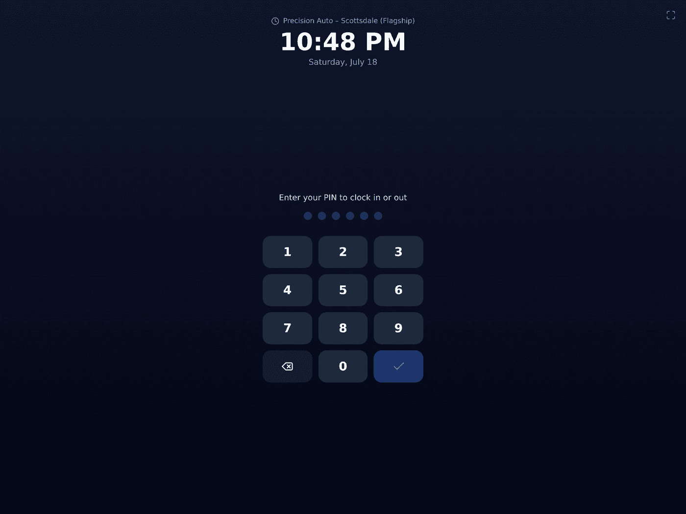 Time-clock kiosk where employees punch in with a PIN