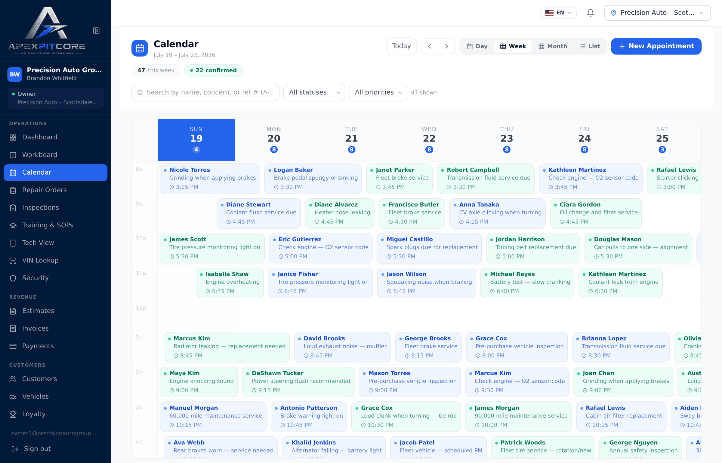 A full week of booked service appointments across the shop calendar