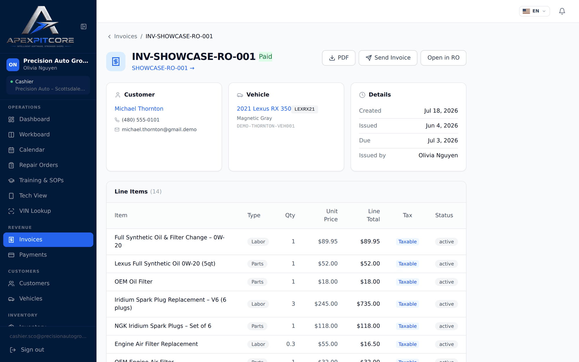 Invoice with reconciled labor, parts, fees, tax and recorded payment