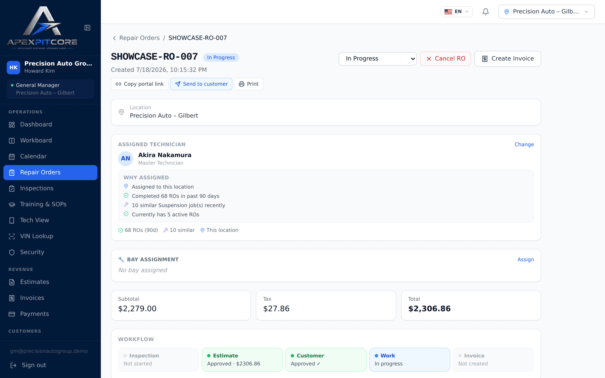 Repair-order workspace with services, parts, labor and status